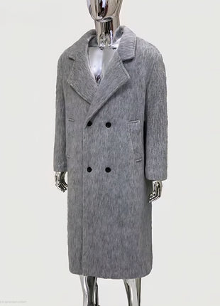Spring Winter Long Thickened Warm Gray Woolen Coat Men Shoulder Pads Double Breasted Elegant Wool & Blend Overcoat
