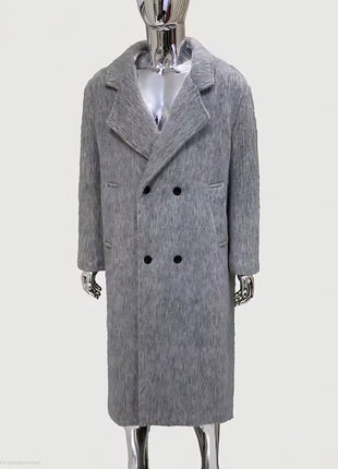 Spring Winter Long Thickened Warm Gray Woolen Coat Men Shoulder Pads Double Breasted Elegant Wool & Blend Overcoat