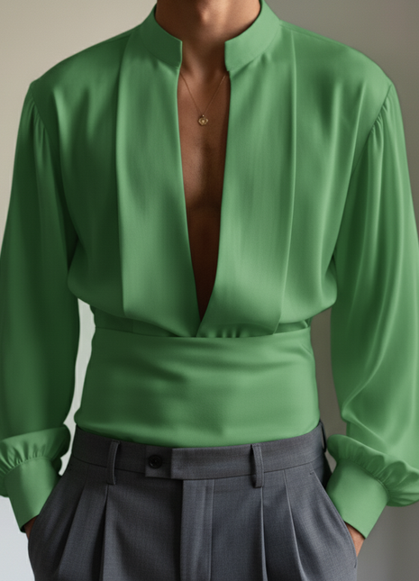 INCERUN Men Shirts Fashion Solid Color Tops V Neck Vintage Men's Clothing Party Tops Streetwear Oversize Summer Spring Blouse