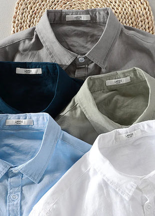 New style sky blue shirt men brand linen solid fashion long sleeve square collar cotton shirts for men camisas chemise