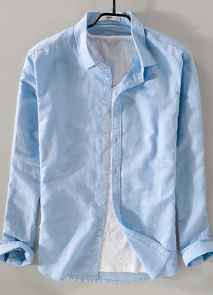 New style sky blue shirt men brand linen solid fashion long sleeve square collar cotton shirts for men camisas chemise