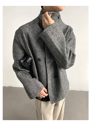 Autumn Winter Cool Short Warm Herringbone Woolen Jacket MenStand Collar Double Breasted Luxury Designer Clothes 2025