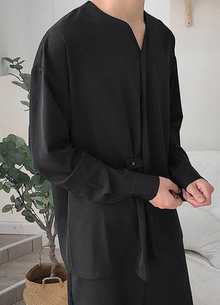 Black Net Shirt for Men Short Bulk Shirts Men Male Casual Loose Lrregular Shirt Collarless Long Sleeve Shirt Korean Shirt