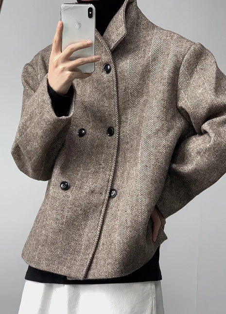 Autumn Winter Cool Short Warm Herringbone Woolen Jacket MenStand Collar Double Breasted Luxury Designer Clothes 2025