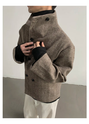 Autumn Winter Cool Short Warm Herringbone Woolen Jacket MenStand Collar Double Breasted Luxury Designer Clothes 2025