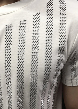 High Quality Designer Clothing Silver Hot Diamond T-shirt Short Sleeve T-shirt Black Rhinestone Stripe Round Neck Tshirt For Men