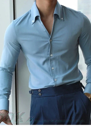 Men's Italian Collar Shirt, Wrinkle-free, Casual, Fashionable, Slim-fit with A Lapel Design, Branded Clothing, Youth, New