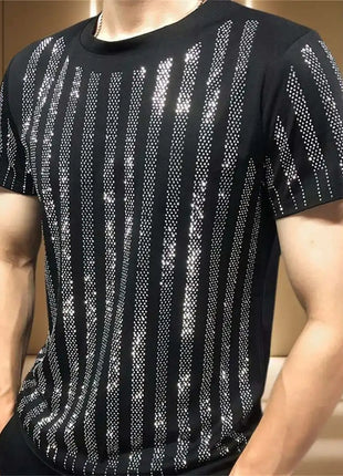 High Quality Designer Clothing Silver Hot Diamond T-shirt Short Sleeve T-shirt Black Rhinestone Stripe Round Neck Tshirt For Men
