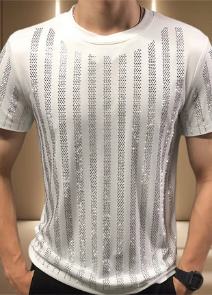 High Quality Designer Clothing Silver Hot Diamond T-shirt Short Sleeve T-shirt Black Rhinestone Stripe Round Neck Tshirt For Men