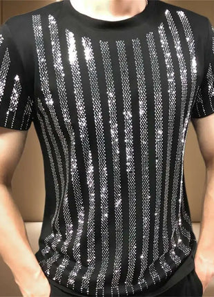 High Quality Designer Clothing Silver Hot Diamond T-shirt Short Sleeve T-shirt Black Rhinestone Stripe Round Neck Tshirt For Men