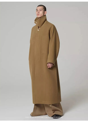 Autumn Winter Oversized Long Khaki Warm Soft Woolen Coat Men Single Breasted Wool & Blends Overcoat European Fashion
