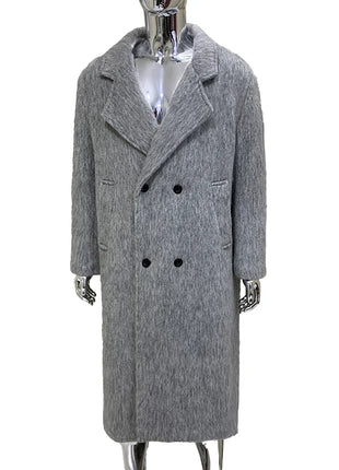 Spring Winter Long Thickened Warm Gray Woolen Coat Men Shoulder Pads Double Breasted Elegant Wool & Blend Overcoat