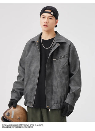 Fashion Men's American Workwear High-end PU Leather Jacket 2025 Spring and Autumn New Maillard Suede Men's Jacket