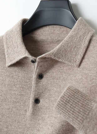 LHZSYY 100%Merino Wool Hot Cardigans Men Lapel Pullover Long Sleeve POLO Neck Sweaters Loose Tops Knit Clothing Large Size Shirt