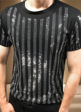 High Quality Designer Clothing Silver Hot Diamond T-shirt Short Sleeve T-shirt Black Rhinestone Stripe Round Neck Tshirt For Men