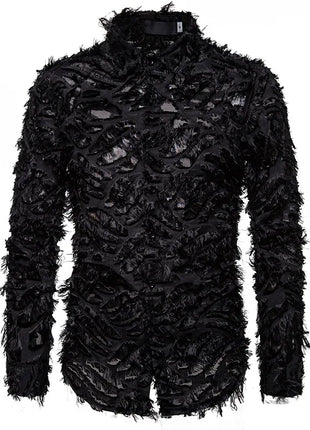 Sexy Black Shirt Men  Fashion Feather Long Sleeve Mens Dress Shirts Nightclub Party Prom Social Shirt Male Camisa Hombre