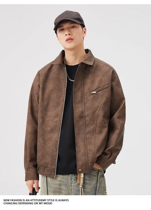 Fashion Men's American Workwear High-end PU Leather Jacket 2025 Spring and Autumn New Maillard Suede Men's Jacket