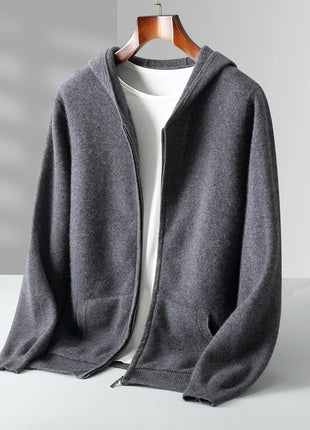 Autumn And Winter New 100% Pure Wool Men's Knitted Cardigan Hooded Cashmere Sweater Zipper Sweater Coat