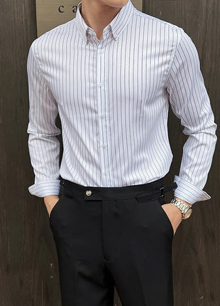 Striped Shirts for Men High-quality 2025 Autumn New Solid Business Casual Long Sleeved Elastic Slim Fit Dress Shirt Men Clothing