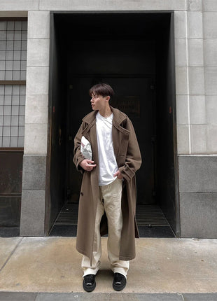 Autumn Winter Oversized Long Warm Brown Wool Blends Coat Men Luxury Designer Unisex Clothes Woolen Overcoat 2024