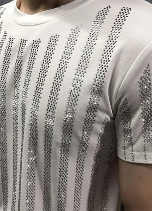 High Quality Designer Clothing Silver Hot Diamond T-shirt Short Sleeve T-shirt Black Rhinestone Stripe Round Neck Tshirt For Men