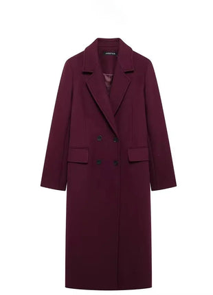 HH Women Fashion Burgundy Woolen Coat Double Breasted Long Sleeve Lapel Blends Jacket Autumn Winter High Street Outerwear