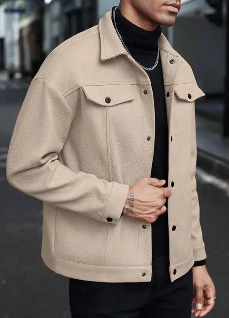 European Business Casual Men's Collared Jacket 2025 New Style Pure Color Woolen Coat for Autumn Winter