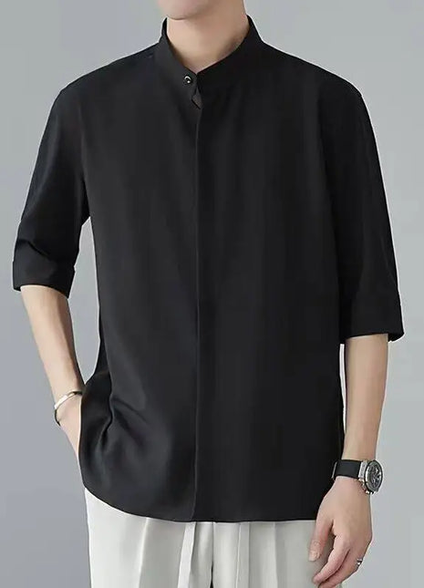 Summer White Men's Half-sleeved Shirt, Black Stand-up Collar Slightly Stretchy Shirts, Fashionable Casual Top.