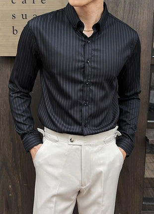 Striped Shirts for Men High-quality 2025 Autumn New Solid Business Casual Long Sleeved Elastic Slim Fit Dress Shirt Men Clothing