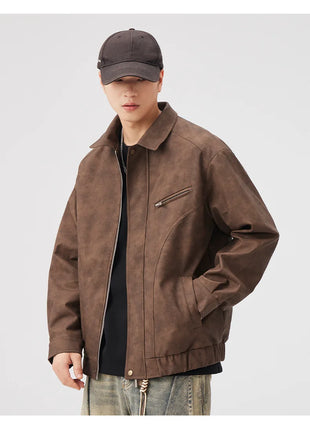 Fashion Men's American Workwear High-end PU Leather Jacket 2025 Spring and Autumn New Maillard Suede Men's Jacket