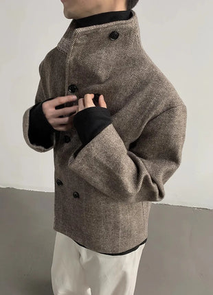 Autumn Winter Cool Short Warm Herringbone Woolen Jacket MenStand Collar Double Breasted Luxury Designer Clothes 2025
