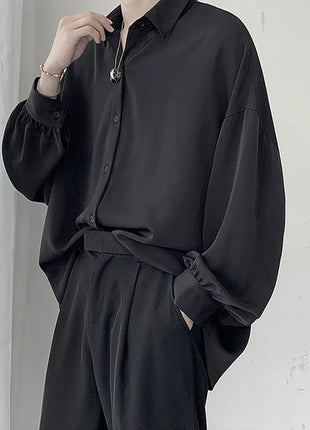 Free Black Tie Long-sleeved Shirts Men Korean Comfortable Blouses Casual Loose Single Breasted Shirt Mens Tshirt Harajuku