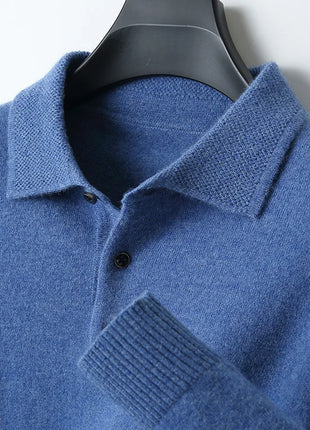 LHZSYY 100%Merino Wool Hot Cardigans Men Lapel Pullover Long Sleeve POLO Neck Sweaters Loose Tops Knit Clothing Large Size Shirt