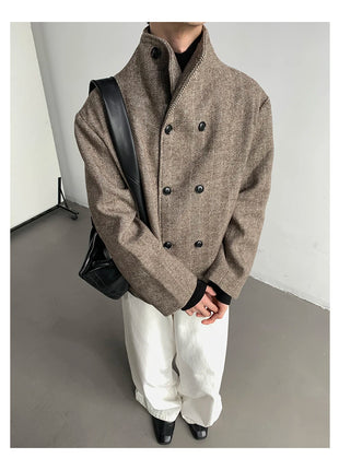 Autumn Winter Cool Short Warm Herringbone Woolen Jacket MenStand Collar Double Breasted Luxury Designer Clothes 2025