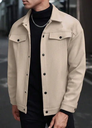 European Business Casual Men's Collared Jacket 2025 New Style Pure Color Woolen Coat for Autumn Winter