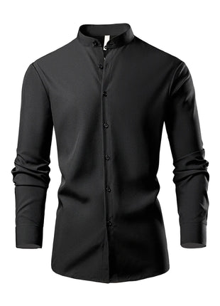 Summer White Men's Half-sleeved Shirt, Black Stand-up Collar Slightly Stretchy Shirts, Fashionable Casual Top.