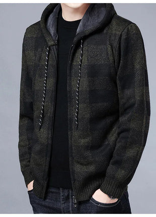 Men Sweater Jacket Fashion Winter Coat Fleece Hoodies High Quality Luxury Checkered Hooded Knit Cardigan Male Outer Wear