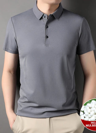 Top Grade 4.7% Mulberry Silk New Summer Brand Luxury Brand Polo Men Shirt Short Sleeve Plain Casual Tops Fashions Men Clothes