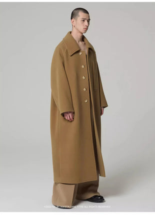 Autumn Winter Oversized Long Khaki Warm Soft Woolen Coat Men Single Breasted Wool & Blends Overcoat European Fashion