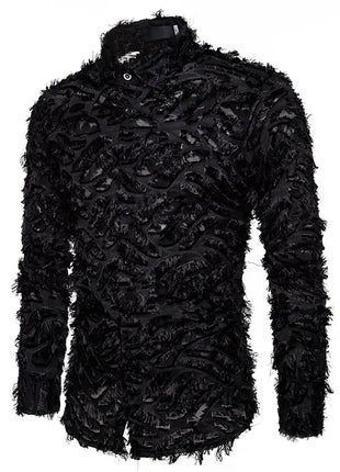 Sexy Black Shirt Men  Fashion Feather Long Sleeve Mens Dress Shirts Nightclub Party Prom Social Shirt Male Camisa Hombre