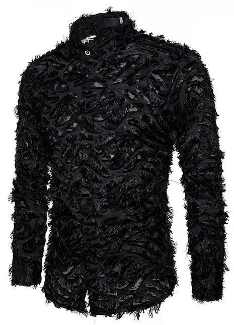 Sexy Black Shirt Men  Fashion Feather Long Sleeve Mens Dress Shirts Nightclub Party Prom Social Shirt Male Camisa Hombre