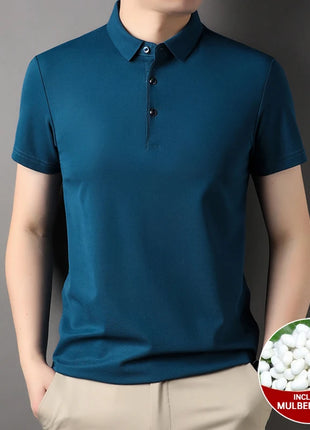 Top Grade 4.7% Mulberry Silk New Summer Brand Luxury Brand Polo Men Shirt Short Sleeve Plain Casual Tops Fashions Men Clothes