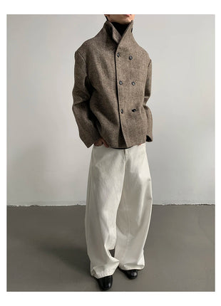 Autumn Winter Cool Short Warm Herringbone Woolen Jacket MenStand Collar Double Breasted Luxury Designer Clothes 2025