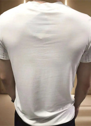 High Quality Designer Clothing Silver Hot Diamond T-shirt Short Sleeve T-shirt Black Rhinestone Stripe Round Neck Tshirt For Men