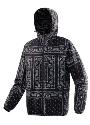 Spring and Autumn thin men's hooded retro printed oversized jacket, loose casual retro jacket, fashionable outdoor sportswear