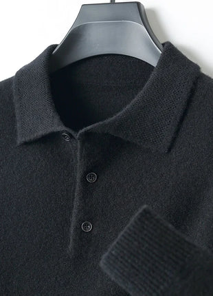 LHZSYY 100%Merino Wool Hot Cardigans Men Lapel Pullover Long Sleeve POLO Neck Sweaters Loose Tops Knit Clothing Large Size Shirt