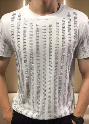 High Quality Designer Clothing Silver Hot Diamond T-shirt Short Sleeve T-shirt Black Rhinestone Stripe Round Neck Tshirt For Men