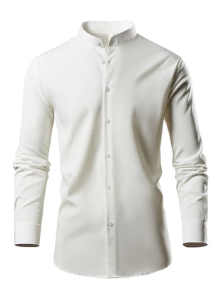 Summer White Men's Half-sleeved Shirt, Black Stand-up Collar Slightly Stretchy Shirts, Fashionable Casual Top.