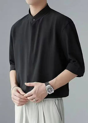 Summer White Men's Half-sleeved Shirt, Black Stand-up Collar Slightly Stretchy Shirts, Fashionable Casual Top.