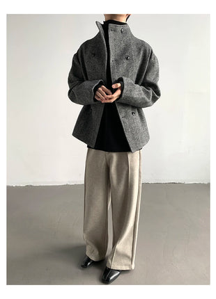 Autumn Winter Cool Short Warm Herringbone Woolen Jacket MenStand Collar Double Breasted Luxury Designer Clothes 2025